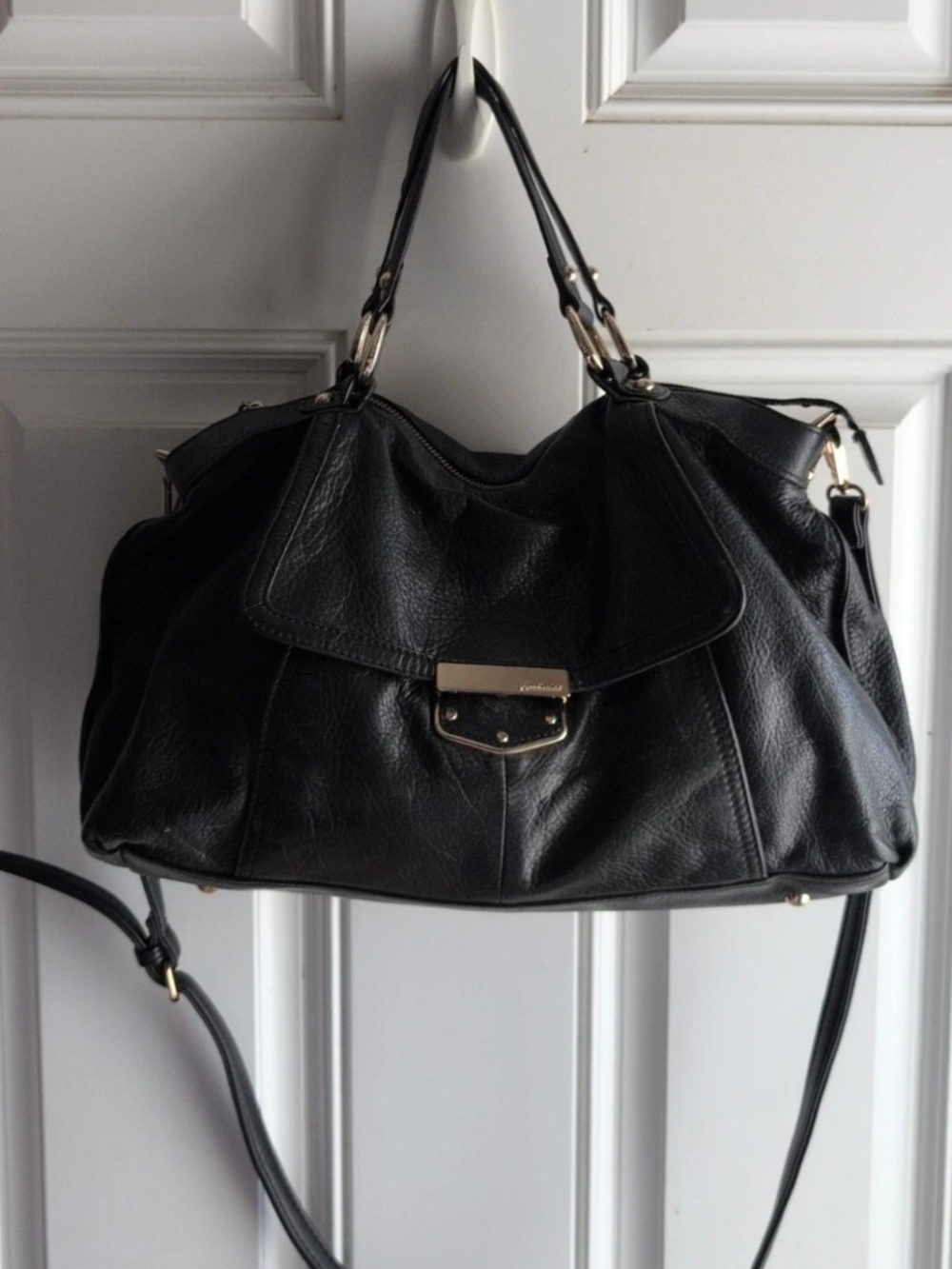 b. makowsky Black Leather Flap Crossbody Satchel with Gold Hardware